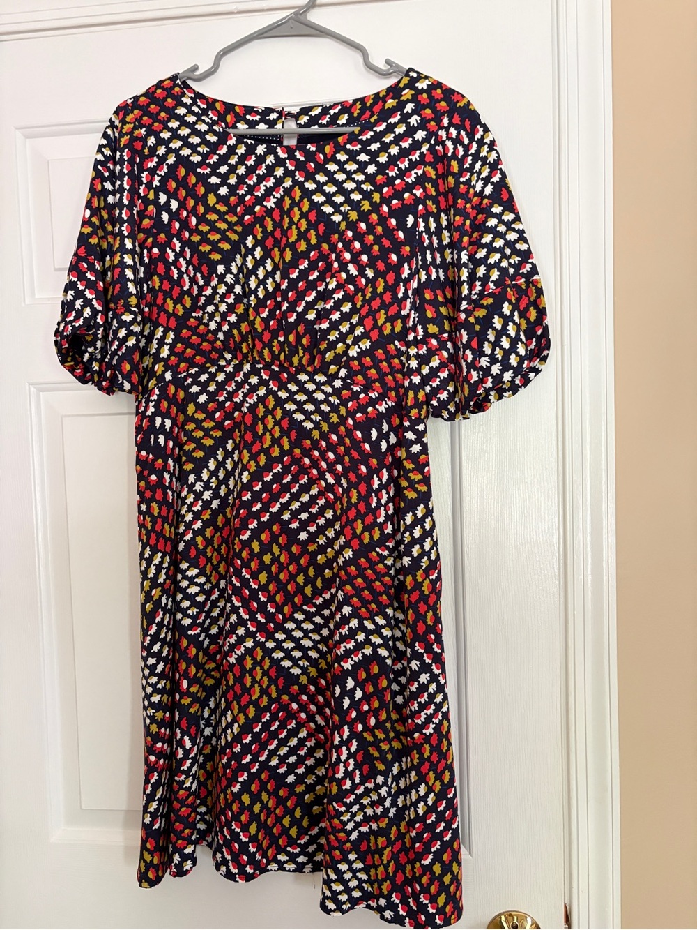 Anthropologie Maeve Navy Floral Short Sleeve Dress with Red & Mustard Accents